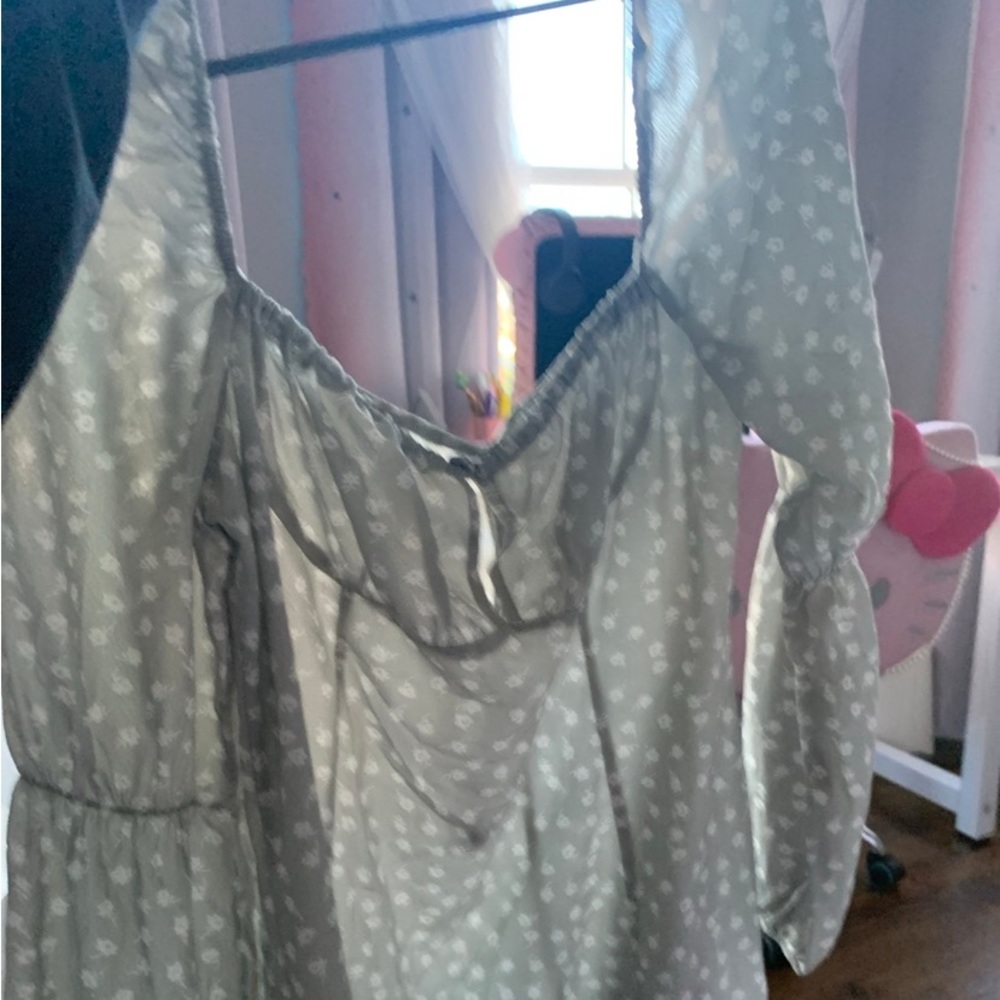 Sage green flower dress, puff sleeve, US XL